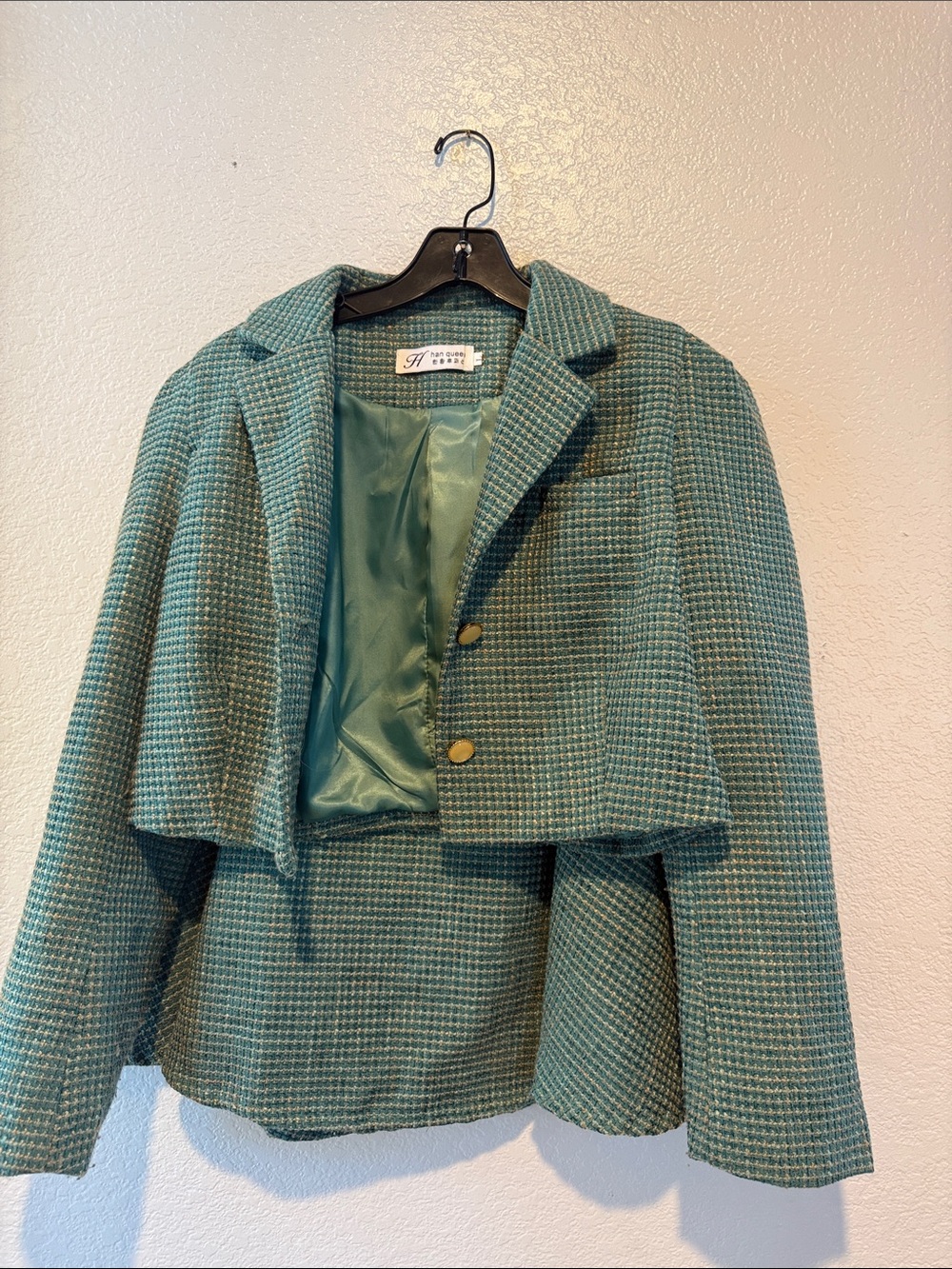 H by Halston Teal Tweed Cropped Blazer with Gold Buttons